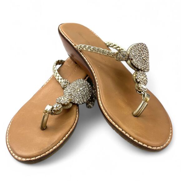 Tommy Bahama | 7 | Yerba Leather Wedge Sandals Gold Rhinestone Slip On  Women - Picture 2 of 7